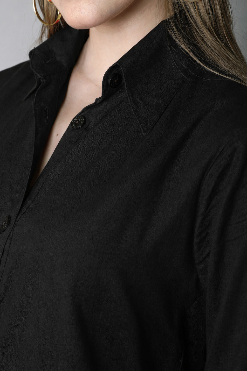 Solid Button-Down Shirt Dress- Black