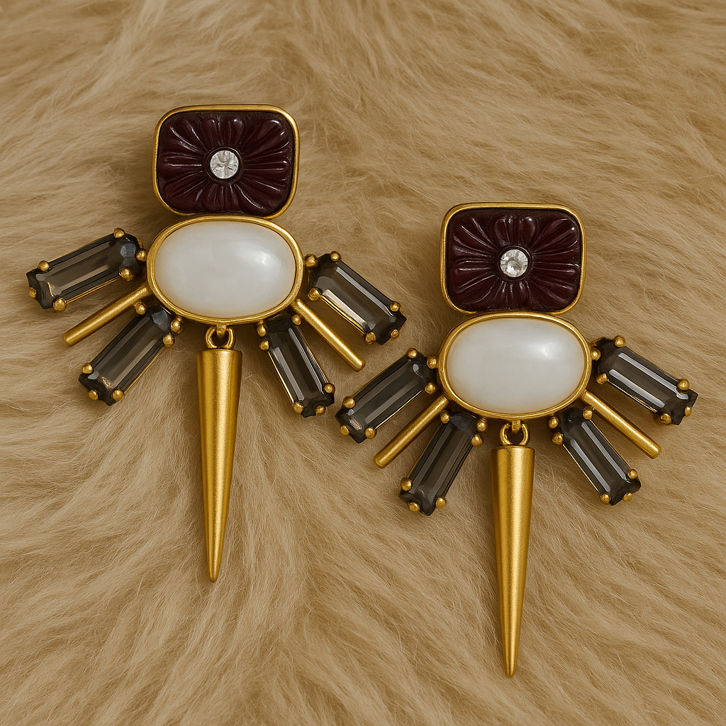 Gold-Toned Statement Earrings with Black & White Stones