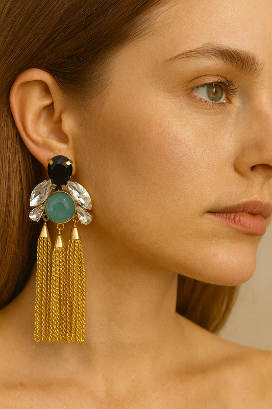 Gold-Toned Tassel Earrings with Black, Green & Crystal Accents