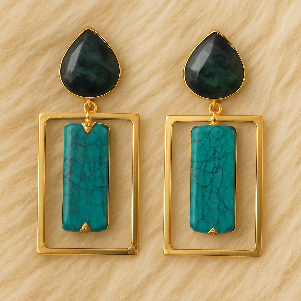 Gold-Toned Geometric Drop Earrings with Turquoise Accents