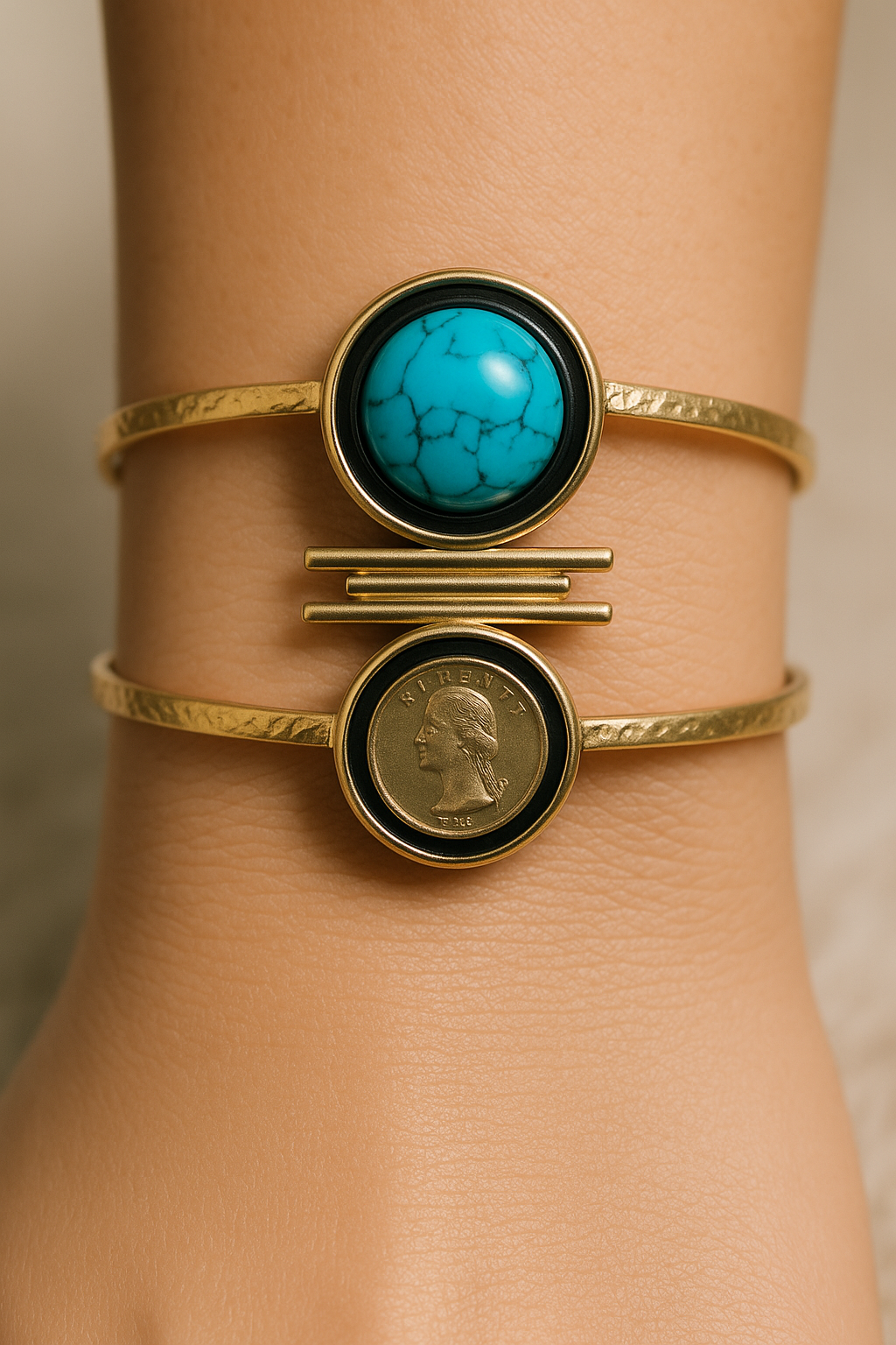 Dual Stone Gold-Tone Cuff Bracelet with Turquoise and Coin Motif