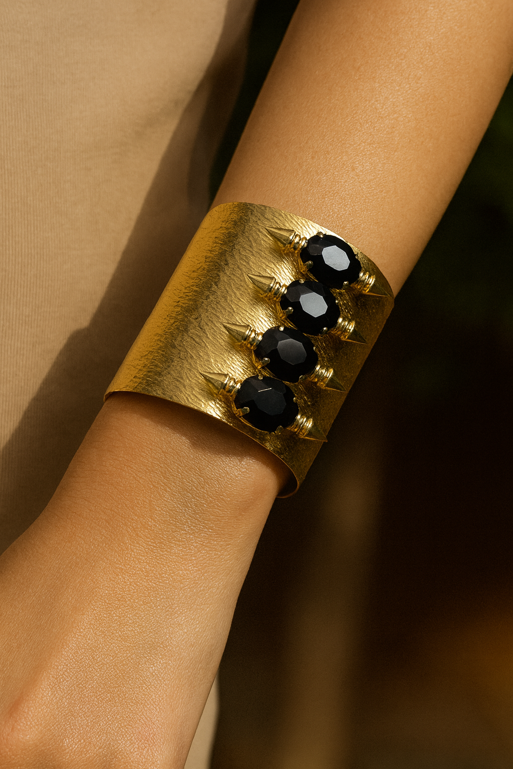 Bold Textured Gold Cuff Bracelet with Black Stone Spikes