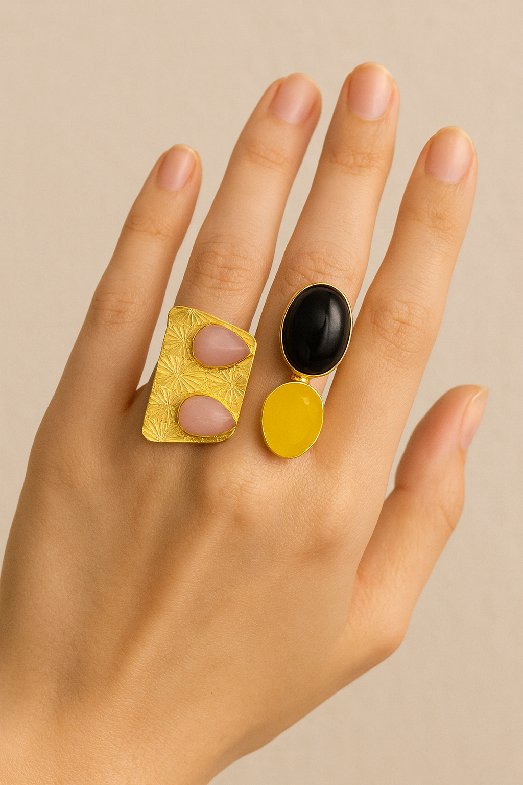 Dual Statement Ring Set – Gold-Tone with Pink, Black & Yellow Stones