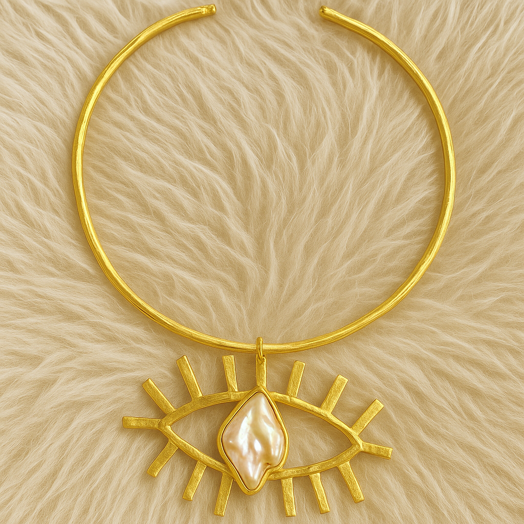Gold-Tone Hasli Necklace with Eye Motif and Pearl Accent