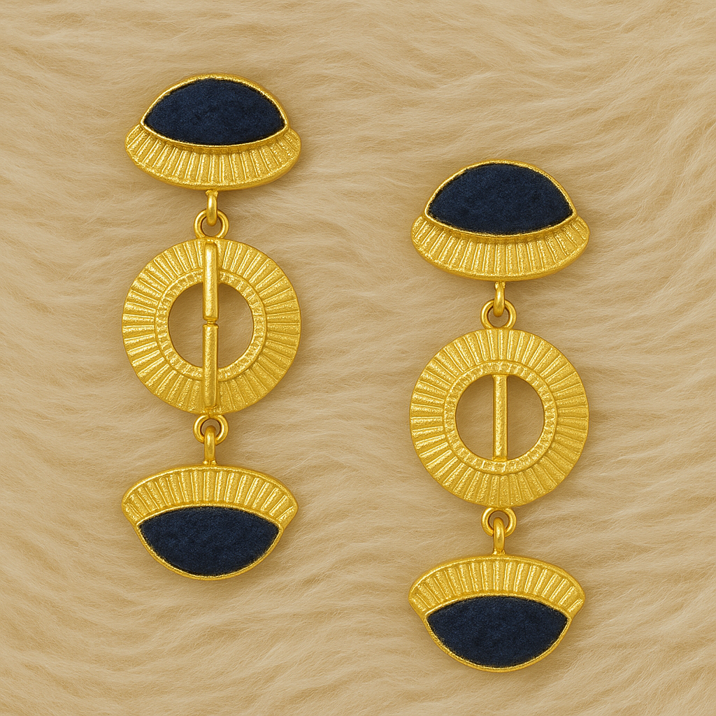 Gold-Toned Disc Drop Earrings with Black Synthetic Stones