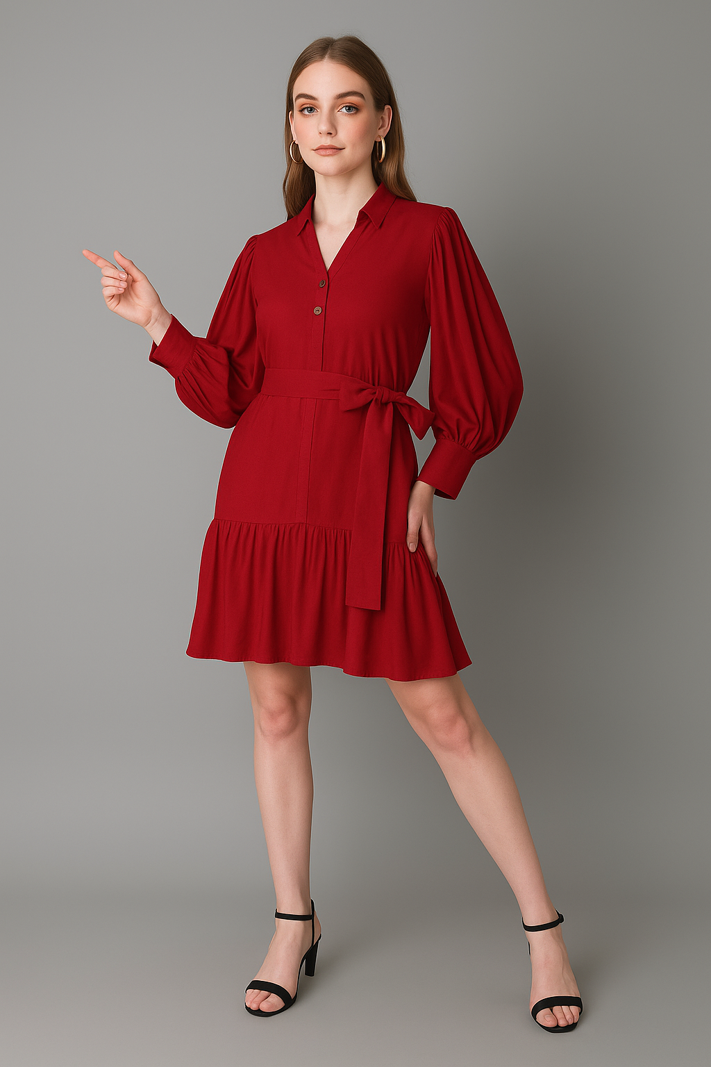 Brick Red Puff Sleeve Belted Dress