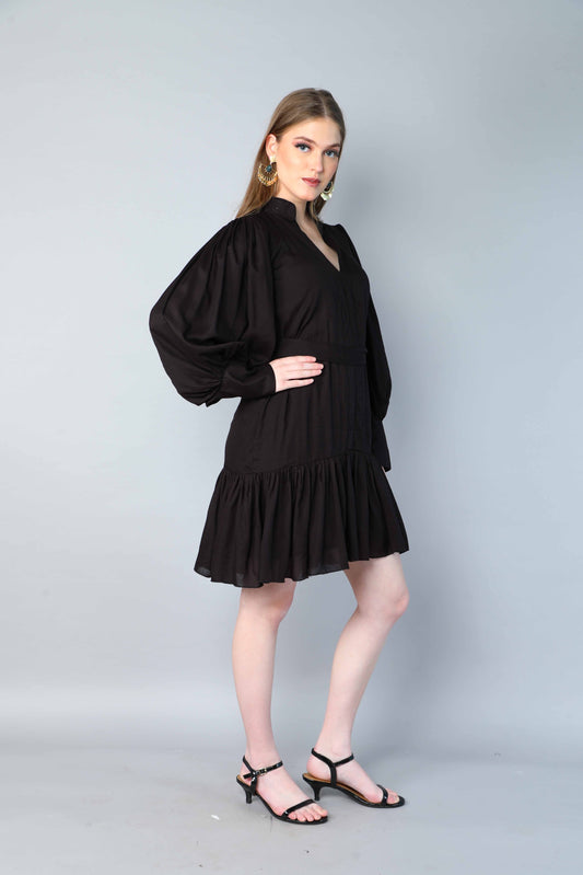 Black Puff Sleeve Belted Dress