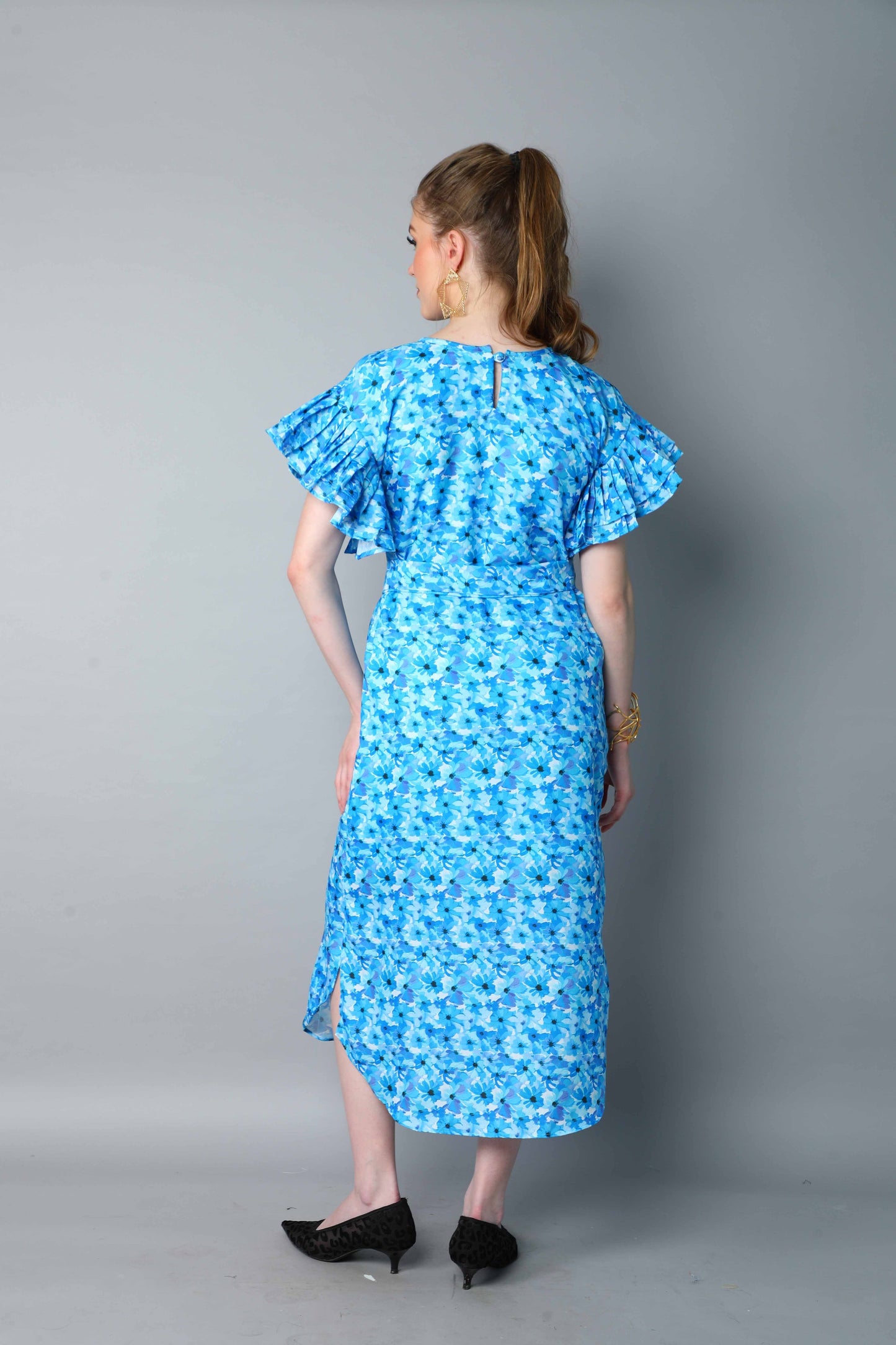 Double-Layered Pleated Ruffle Sleeve Floral Dress-Blue