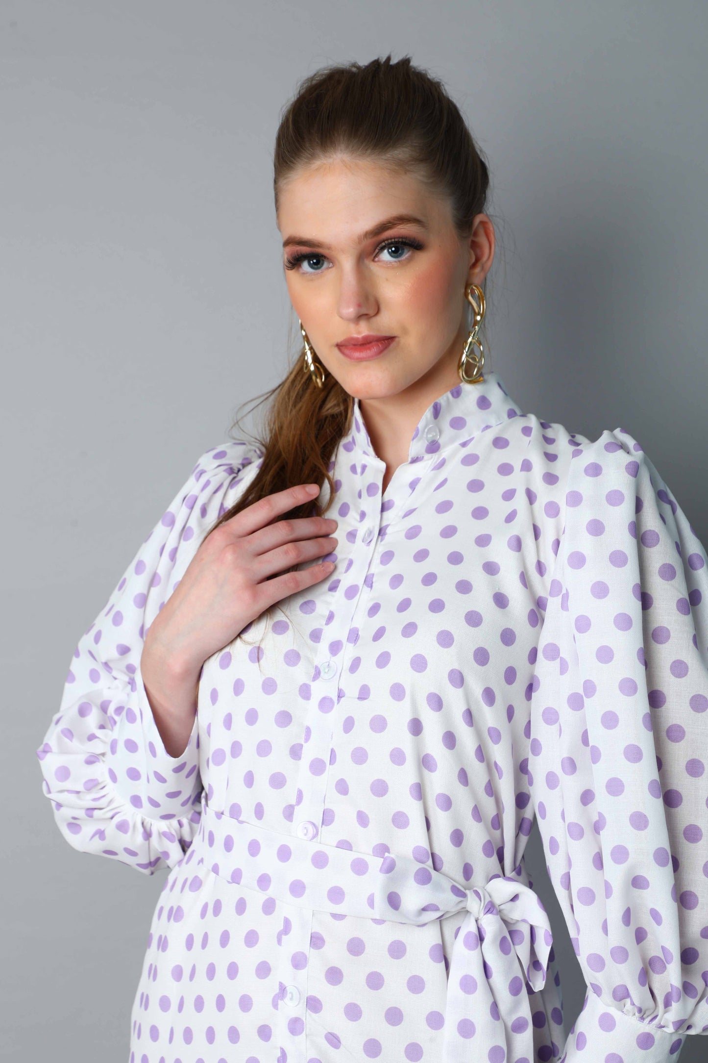 Lilac Polkadot Puff Sleeve Belted Midi Dress