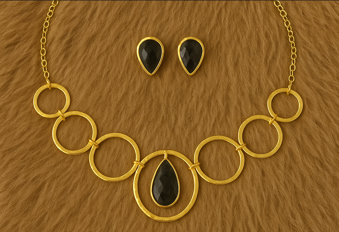 Gold-Tone Circle Motif Necklace & Teardrop Stud Earring Set