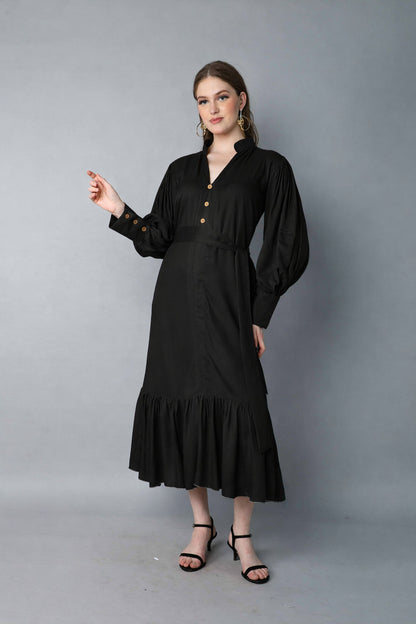 Black Puff Sleeve Belted Midi Dress