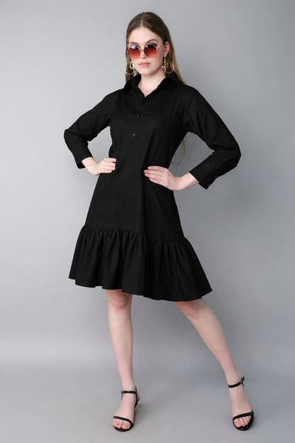 Shirt Dress with Ruffle Hem -Black