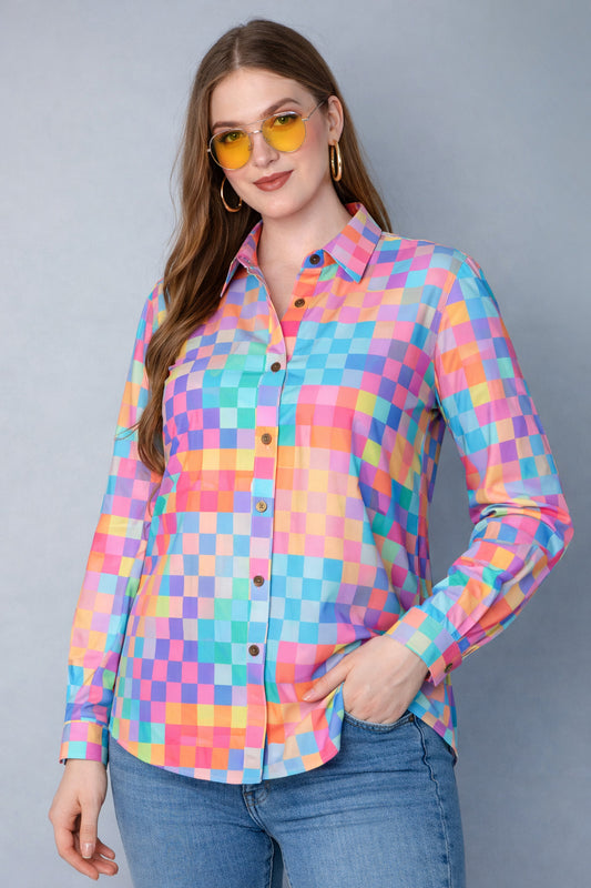Multicolor  Pastel Mosaic Print Casual Shirt