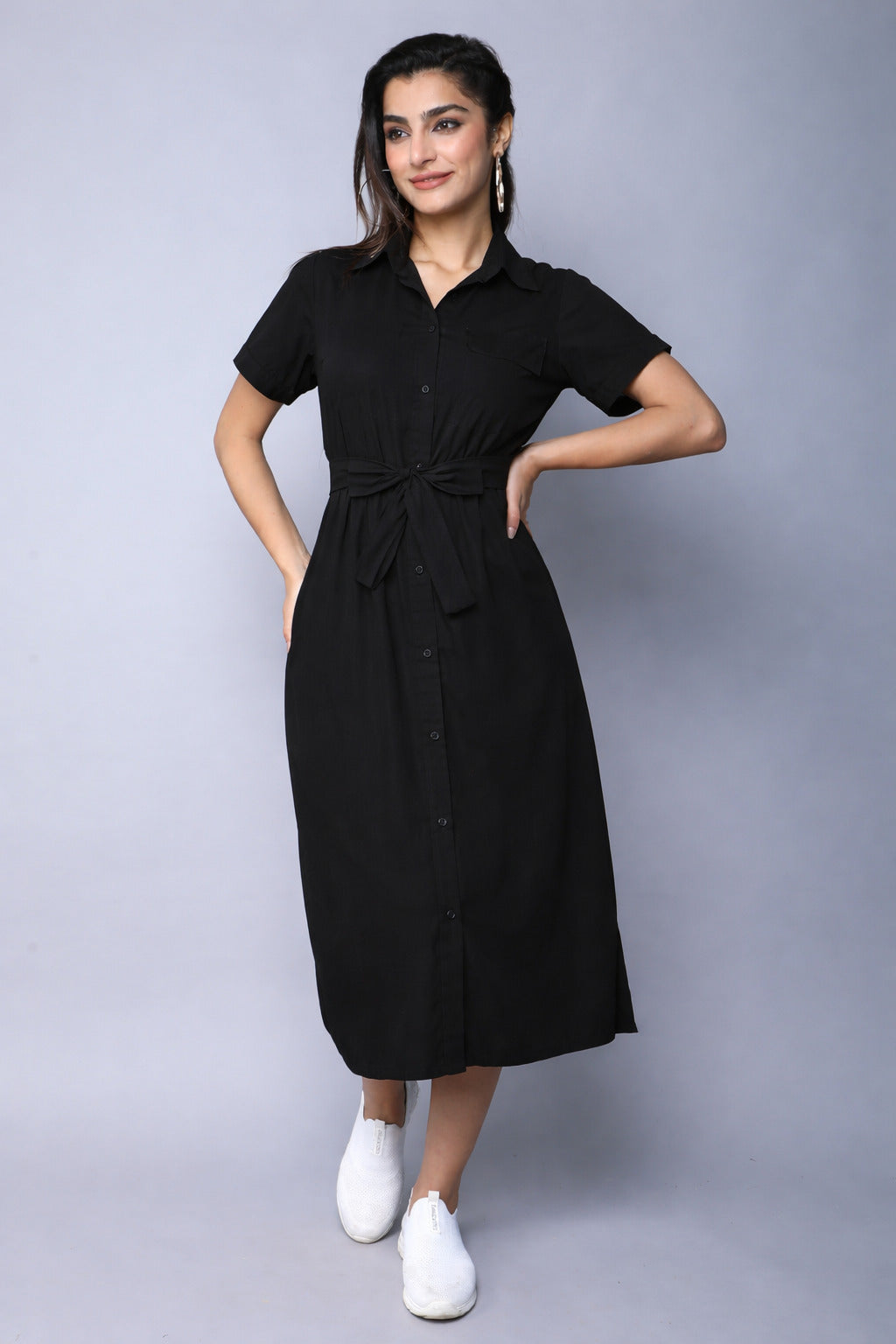 Midi  Shirt Dress -Black