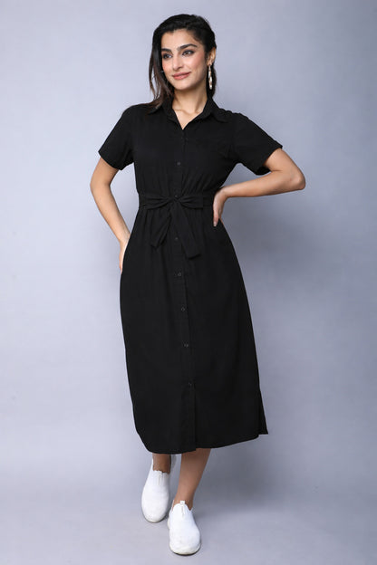 Midi  Shirt Dress -Black