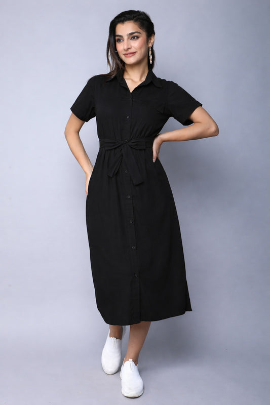 Midi  Shirt Dress -Black
