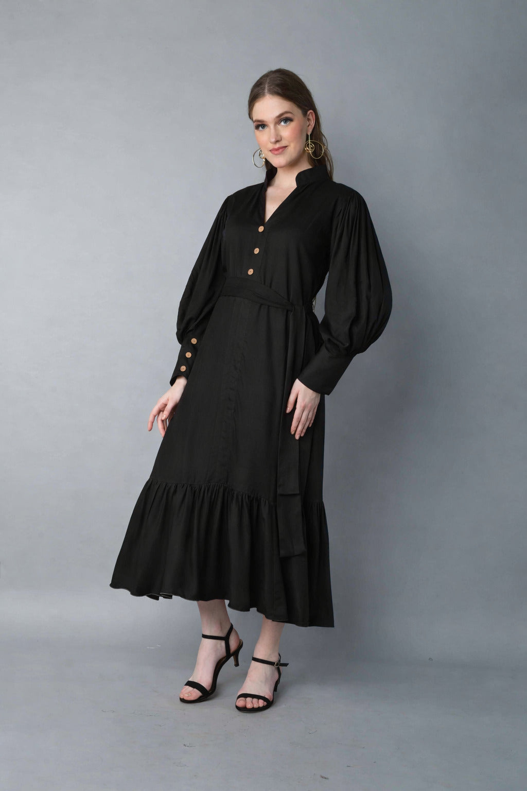 Black Puff Sleeve Belted Midi Dress