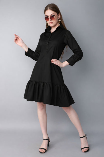 Shirt Dress with Ruffle Hem -Black