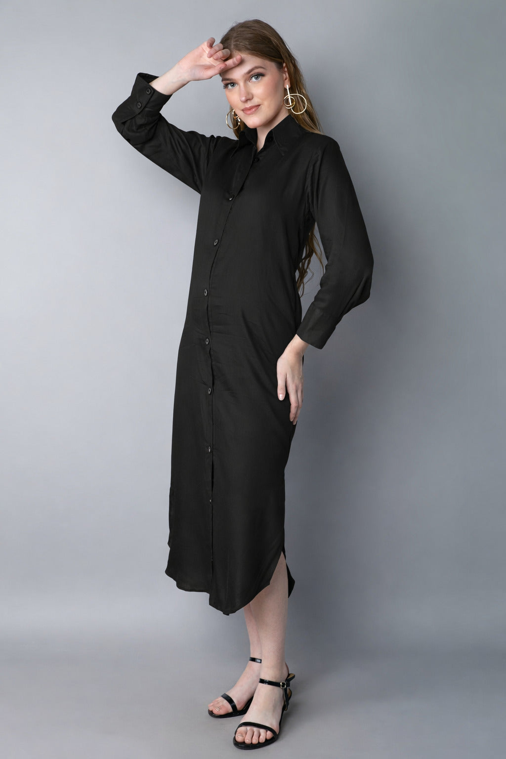 Solid Button-Down Shirt Dress- Black