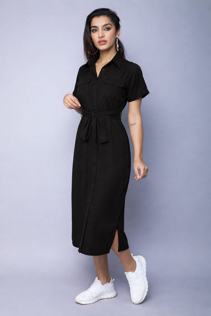 Midi  Shirt Dress -Black