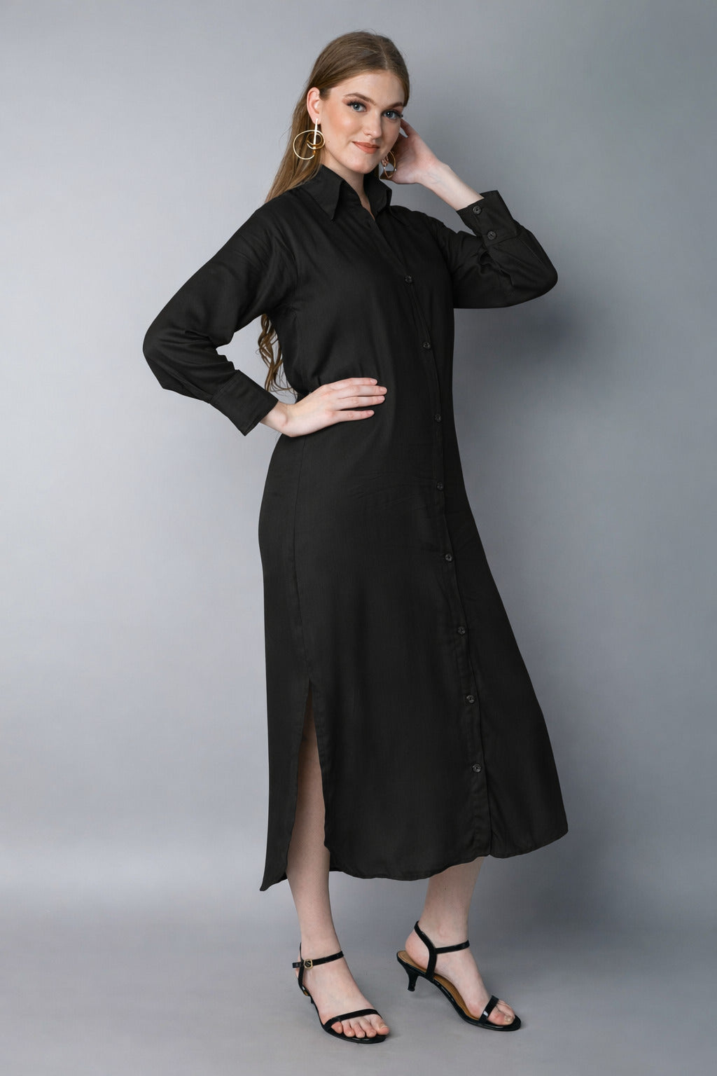 Solid Button-Down Shirt Dress- Black