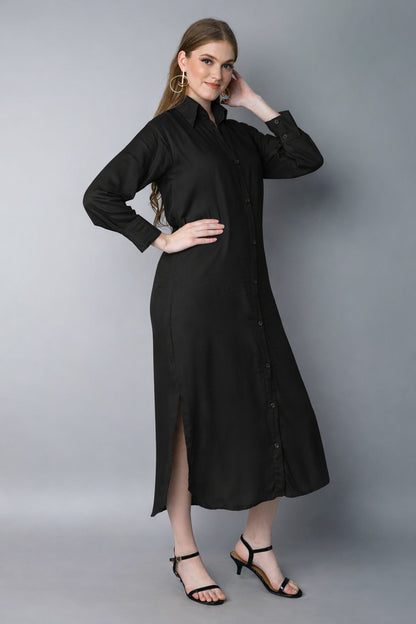 Solid Button-Down Shirt Dress- Black
