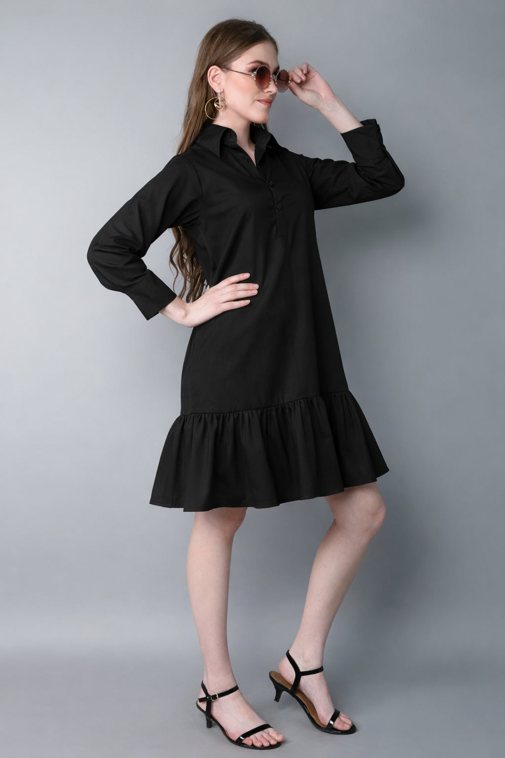 Shirt Dress with Ruffle Hem -Black