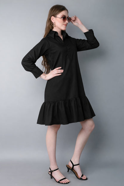 Shirt Dress with Ruffle Hem -Black