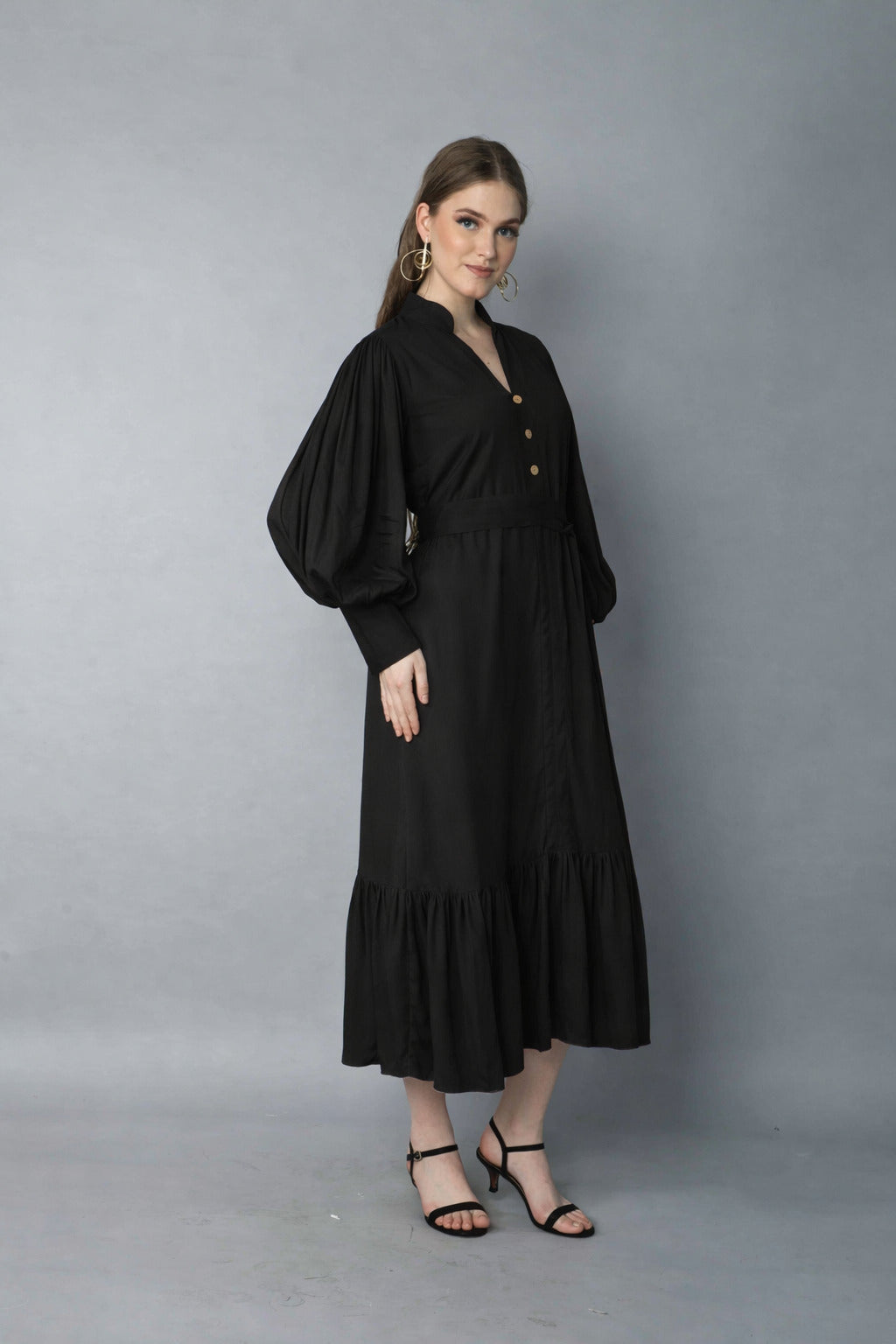 Black Puff Sleeve Belted Midi Dress