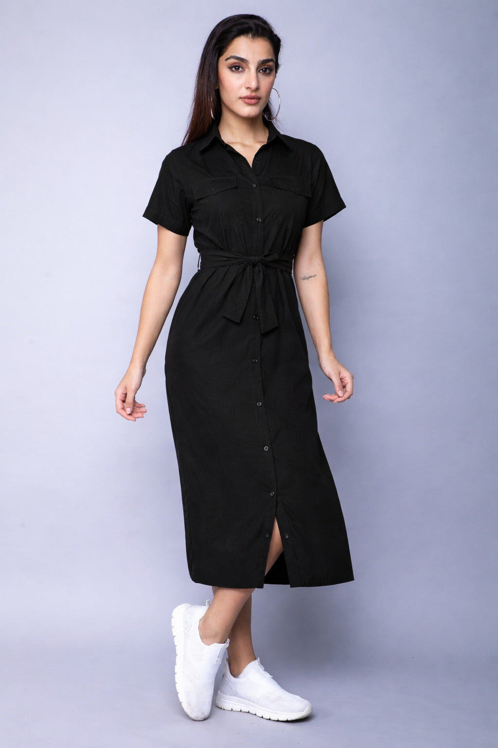 Midi  Shirt Dress -Black