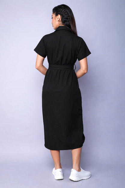 Midi  Shirt Dress -Black