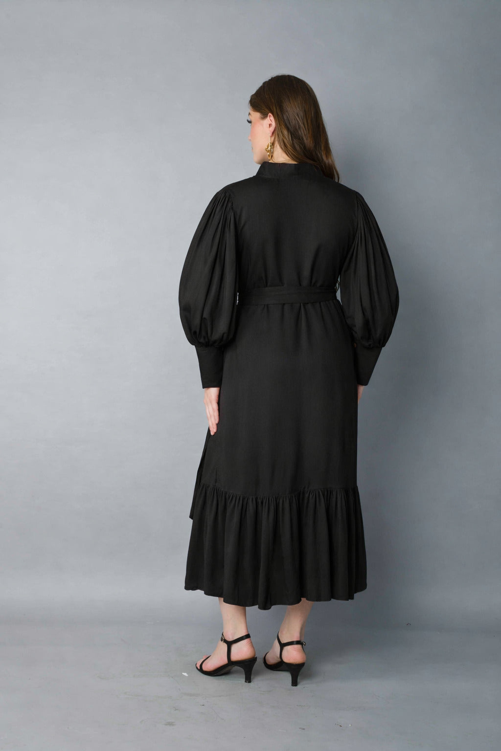 Black Puff Sleeve Belted Midi Dress