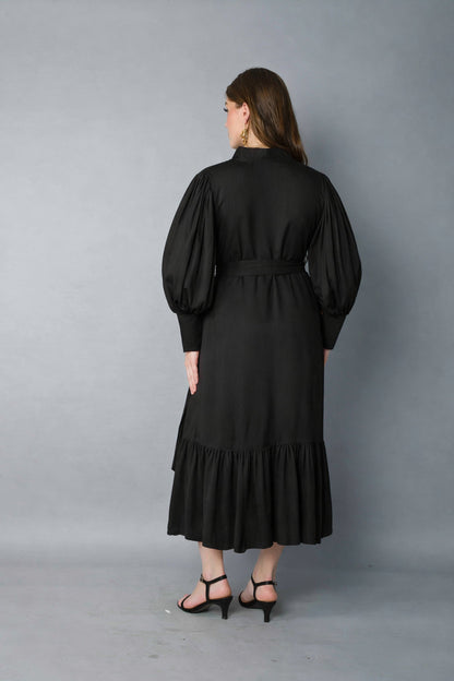 Black Puff Sleeve Belted Midi Dress