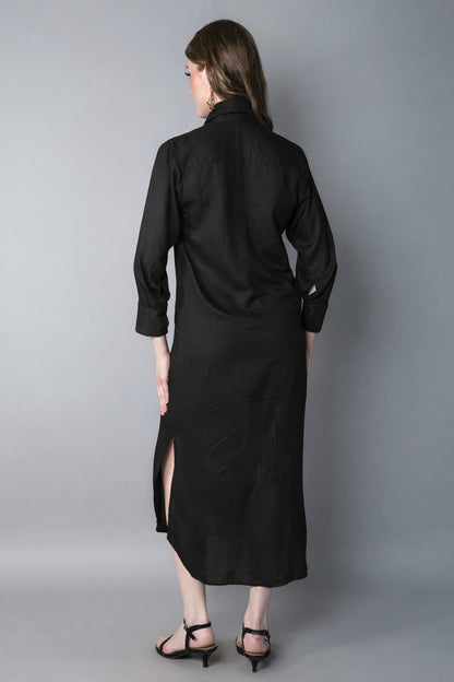 Solid Button-Down Shirt Dress- Black