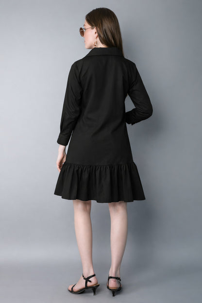 Shirt Dress with Ruffle Hem -Black