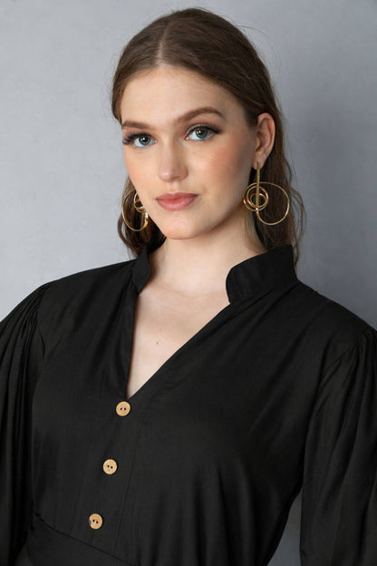 Black Puff Sleeve Belted Midi Dress