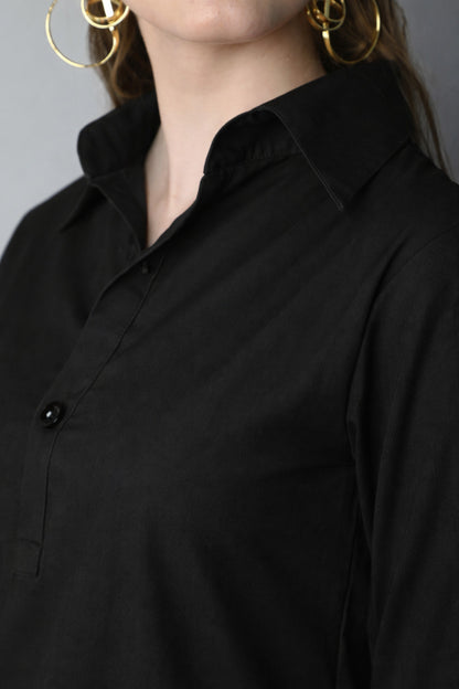 Shirt Dress with Ruffle Hem -Black