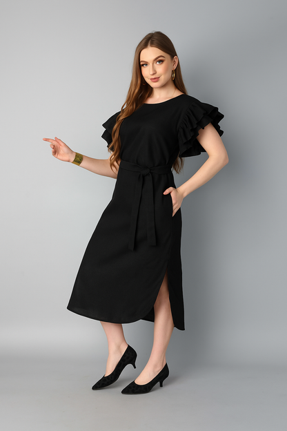 Double-Layered Pleated Ruffle Sleeve Dress -Black