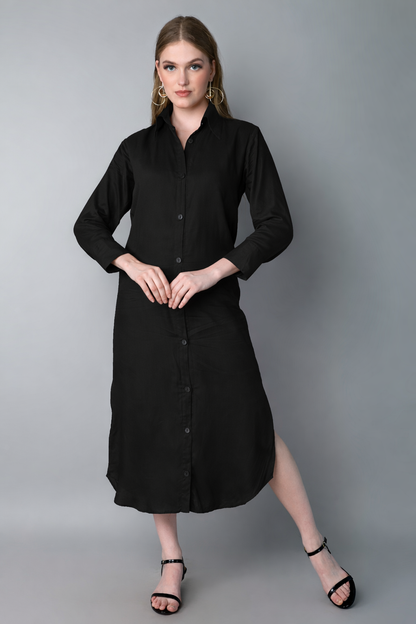Solid Button-Down Shirt Dress- Black