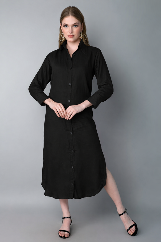 Solid Button-Down Shirt Dress- Black