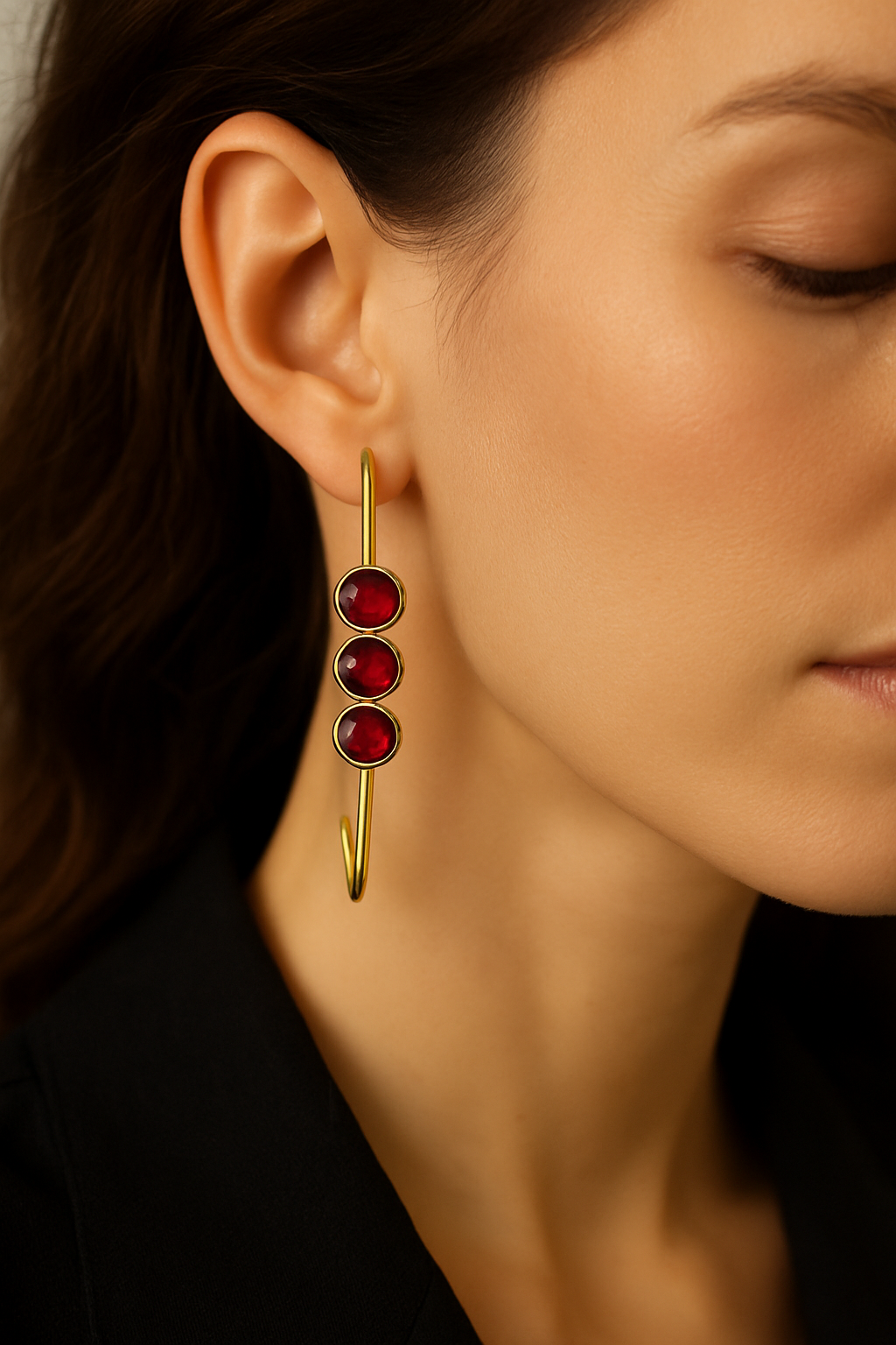 Gold-Toned Hook Drop Earrings with Red Synthetic Stones