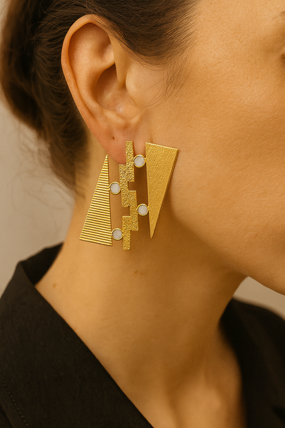 Gold-Toned Geometric Statement Earrings with Pearl Accents