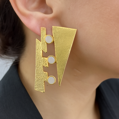 Gold-Toned Geometric Statement Earrings with Pearl Accents