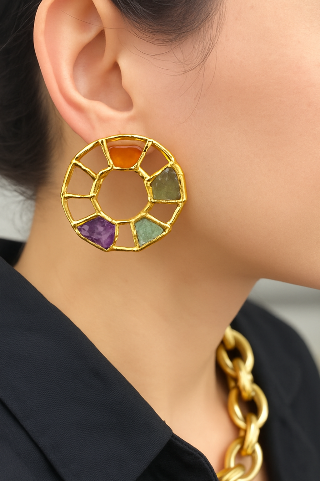 Multicolour Stone Circle Stud Earrings