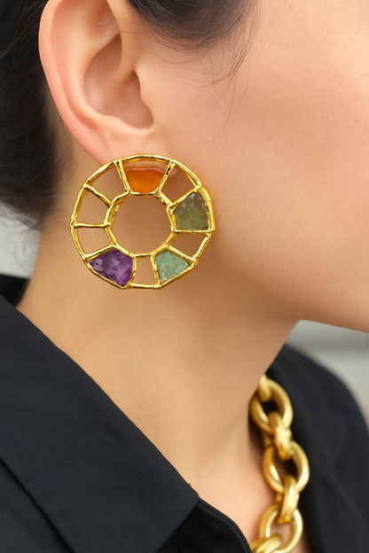 Multicolour Stone Circle Stud Earrings