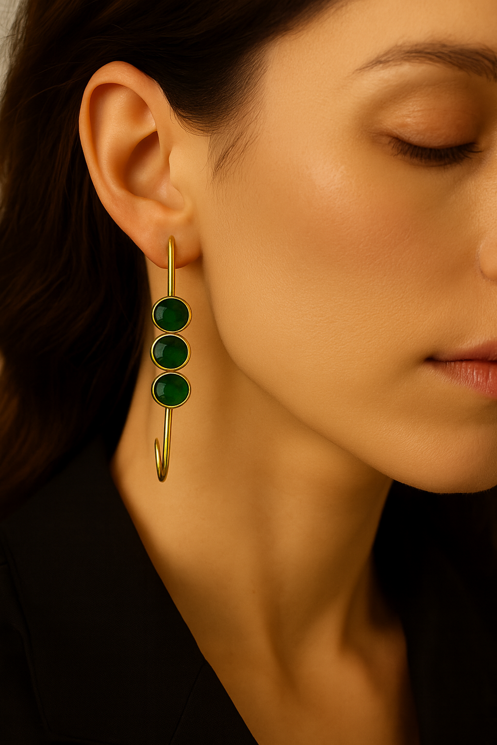 Gold-Toned Hook Drop Earrings with Green
