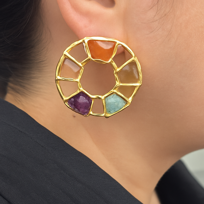 Multicolour Stone Circle Stud Earrings