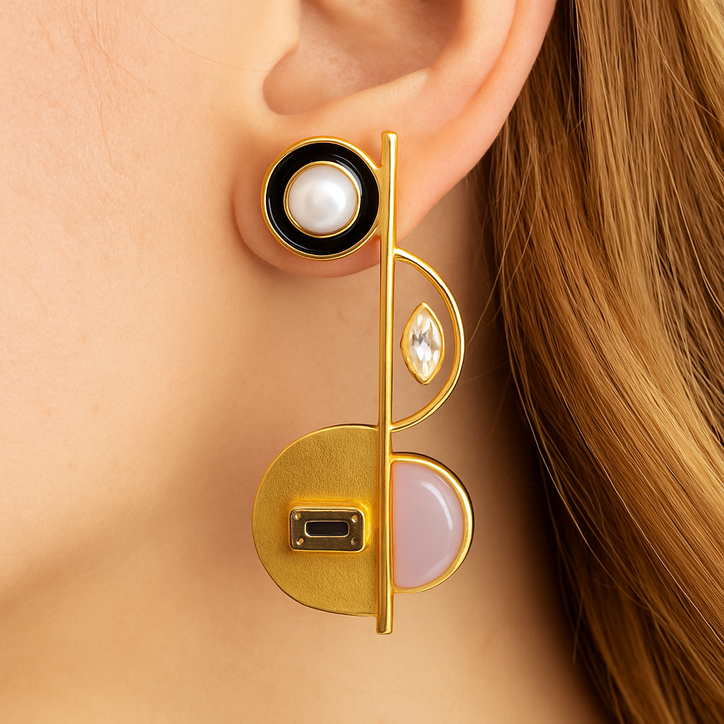 Gold-Toned Geometric Statement Earrings with Pearl & Stone Accents
