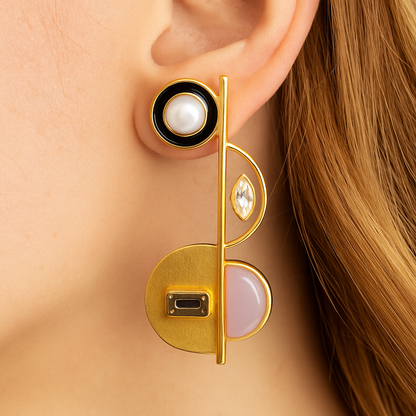 Gold-Toned Geometric Statement Earrings with Pearl & Stone Accents