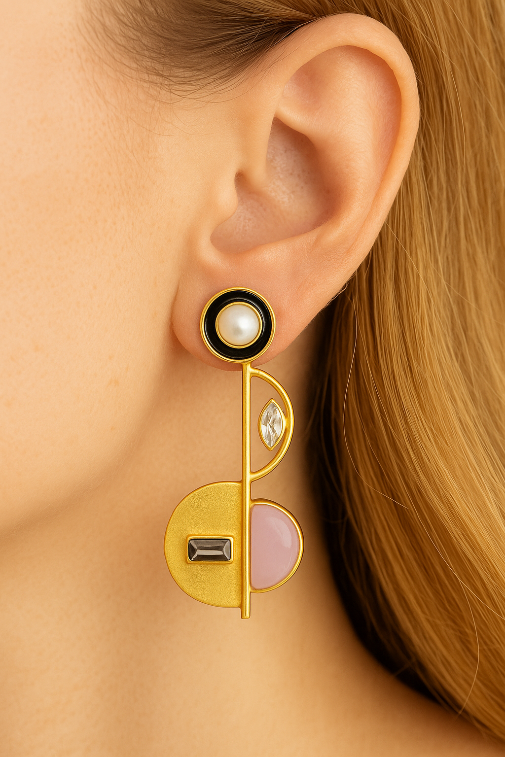 Gold-Toned Geometric Statement Earrings with Pearl & Stone Accents